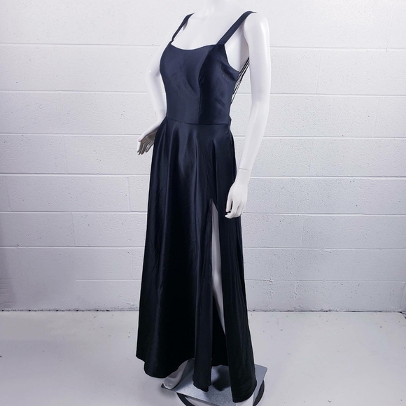 B Smart Black Satin Gown Formal Dress Prom Homecoming Open Back Front Slit Sz 9 - Picture 1 of 15